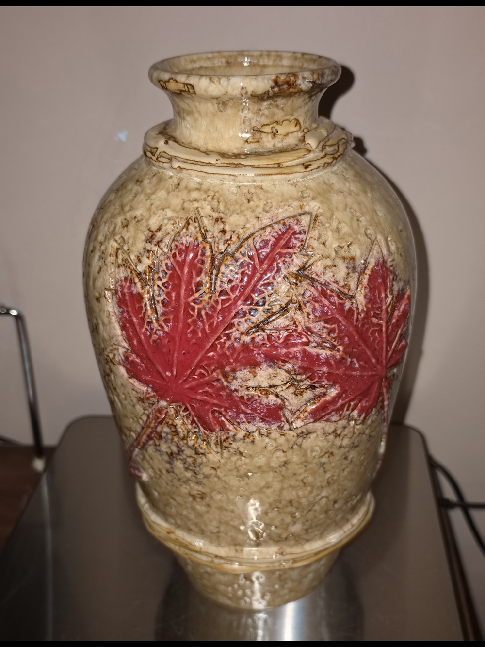 Ceramic Vase with Red Leaf Motif